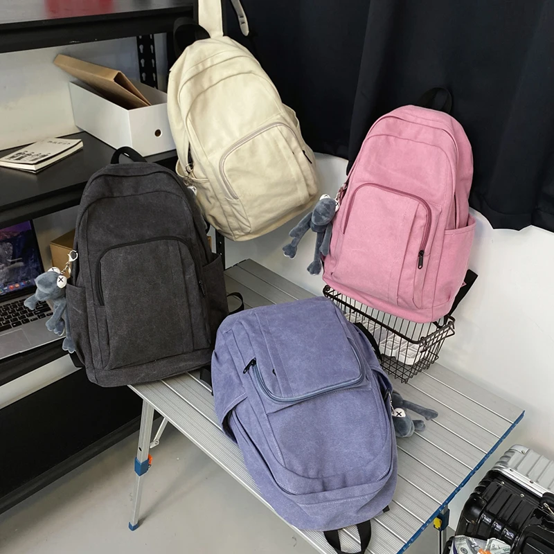 Solid Color High Quality Canvas Women Backpack Large Capacity Travel Backbag Unisex Laptop Fashion Casual Student Schoolbag