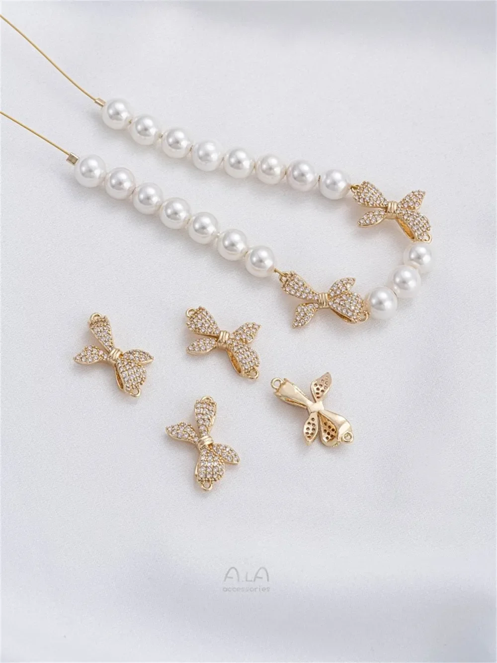 14K Gold Solid Zirconia Bow Pendant Double Butterfly Double Hanging DIY Pearl Necklace Bracelet Charms Pendant K587