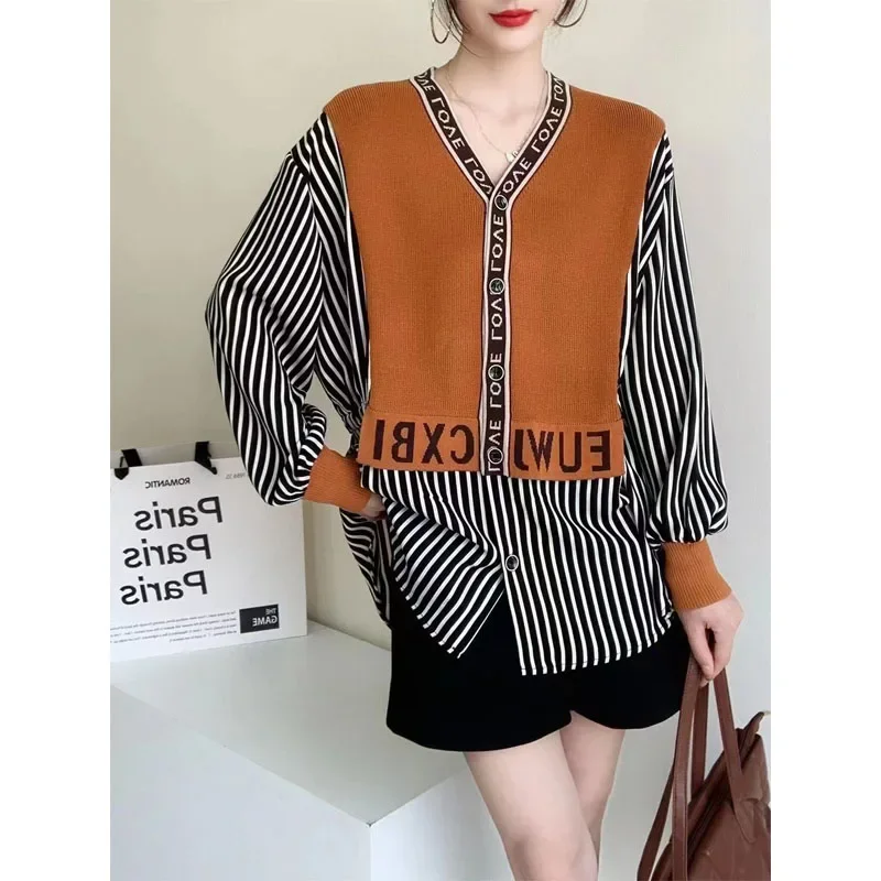 Women\'s Clothing Autumn and Winter Fashion New Long Sleeved Splice Buttons V-neck Simplicity Versatile Commuting Stripe Shirt