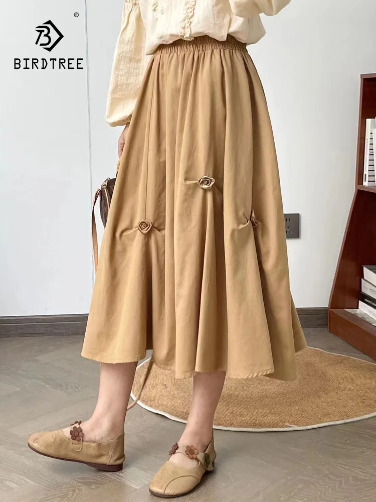 

New 2025 Summer Cotton Skirt, Women Elastic Waist 3D Floral Patchwork, Mori Girl French Retro Sweet Loose A-line Skirt B58325CC