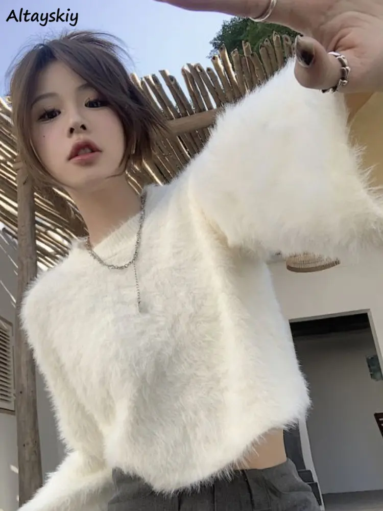 Fluffy Knitted Pullovers Women Crop Design Sexy Elegant Ladies Chic O-neck Hot Sweet Girls Waistless Simple All-match New Winter