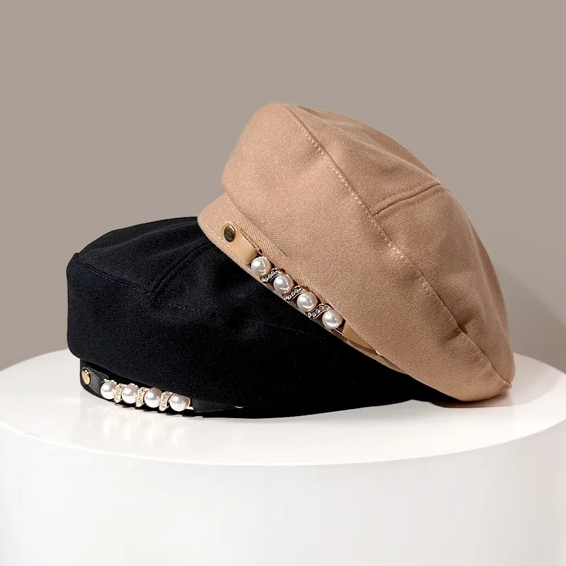 Women's Autumn and Winter New Style Flat Top Beret Pearl Vintage Hat