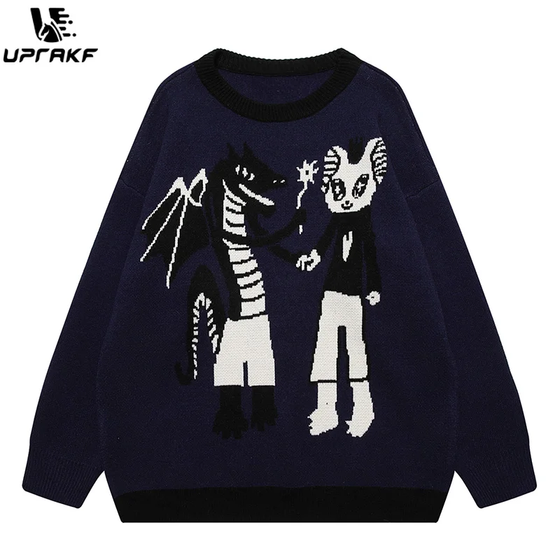 UPRAKF High Street Sweater Loose Long Sleeves Fashion O Neck Trendy Pullovers Cartoon Graphic Vintage