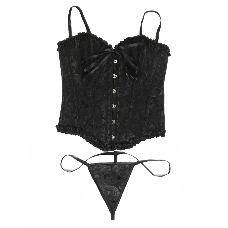 BurVogue Vintage Jacquard Bustier Mesh Sexy Lace up Spaghetti Strap Shapewear Open Back Boned Corset Going Out Party Crop Top