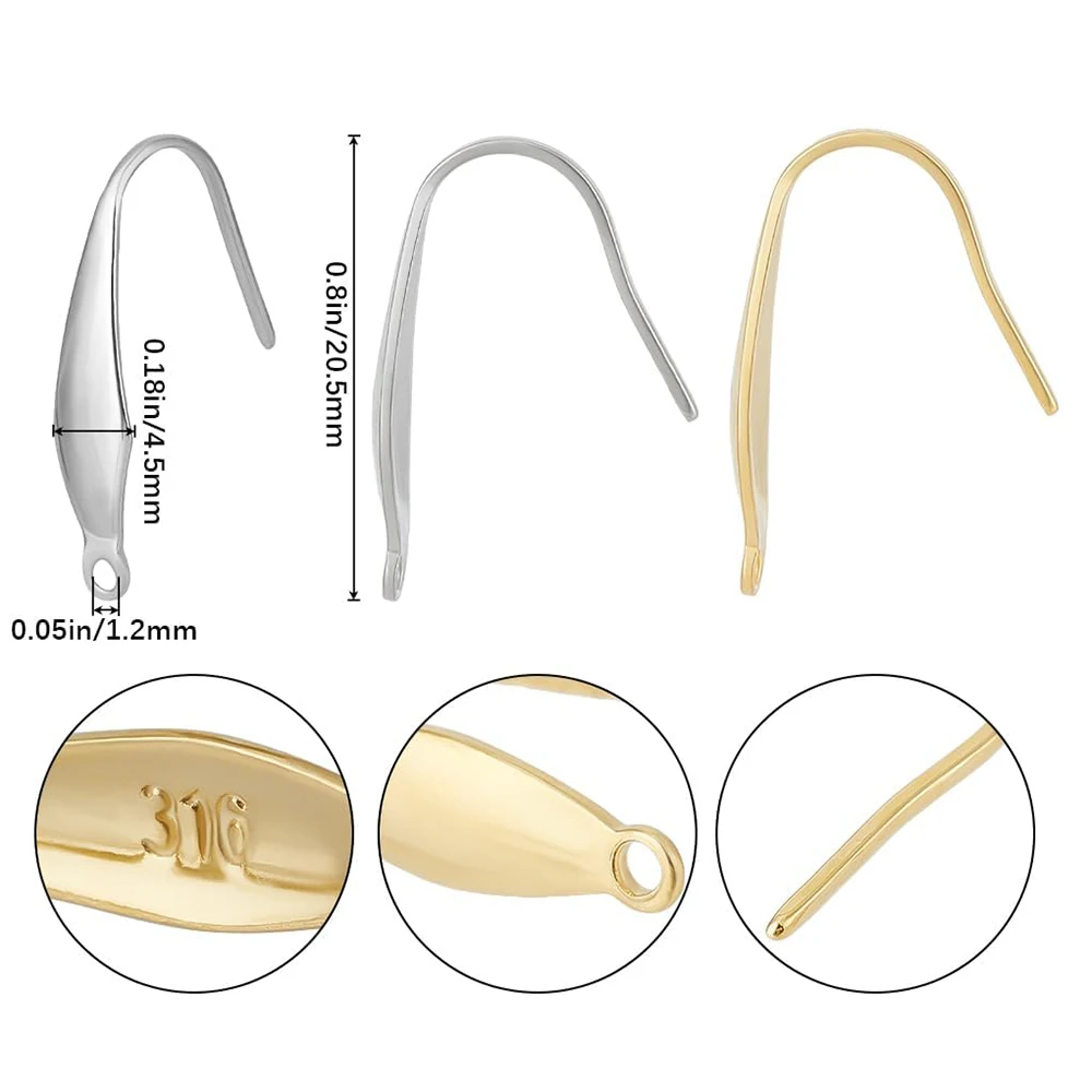 20Pcs 316 Stainless Steel French Fish Hooks Ear Wires Gold Silver Earrings Findings with Hole for DIY Jewelry Earrings Making