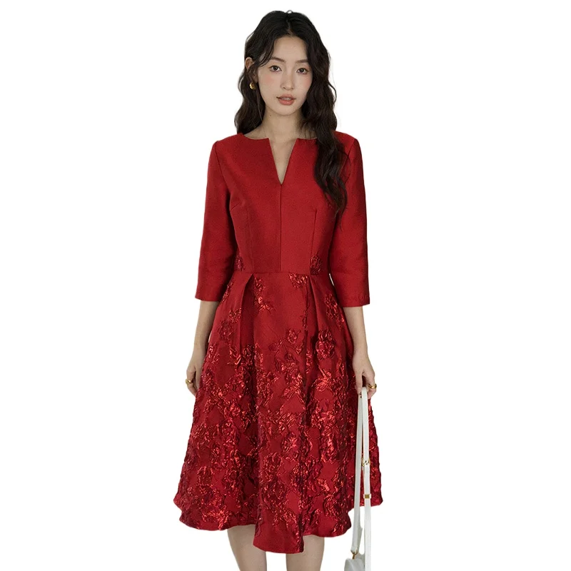 Весенне-летнее жаккардовое красное платье для девочек, новогодняя вечерняя одежда, платье до середины икры в китайском стиле, женское вечернее бальное платье Весенне-летнее жаккардовое красное платье для девочек, новогодняя вечерняя одежда, платье до середины икры в китайском стиле, женское вечернее бальное платье