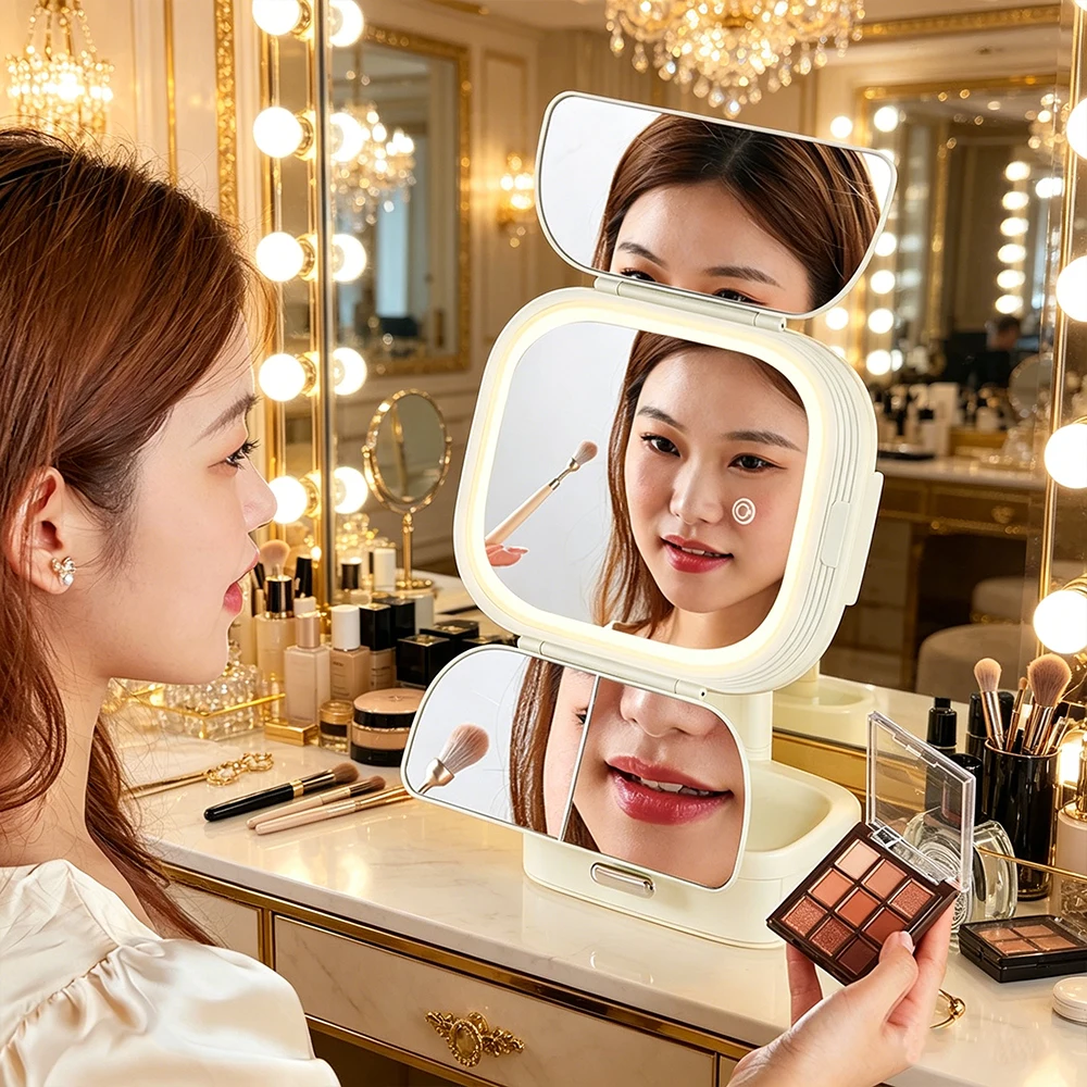 Tri-Fold LED Makeup Mirror with Storage Drawer Lighted Vanity Mirror with 3 Color Lighting Modes Magnifying Cosmetic Mirror