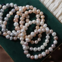9mm Natural Freshwater Pearl Bracelet Multicolor Baroque Pearl Charm Elastic Bangle Fine Jewelry Anniversary Wedding Party Gifts