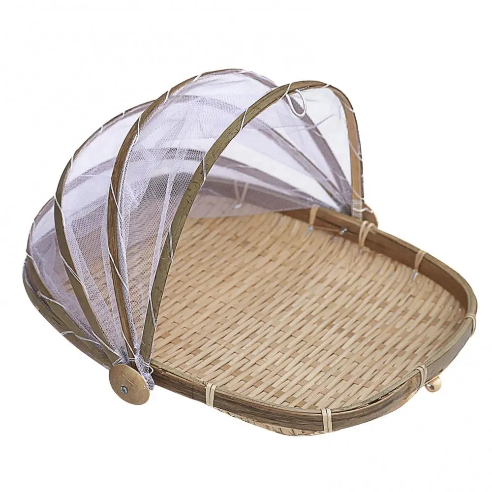 Storage Basket Bamboo Woven Mesh Food Fruit Anti Flies Insect Net Cover Tent Storage Basket