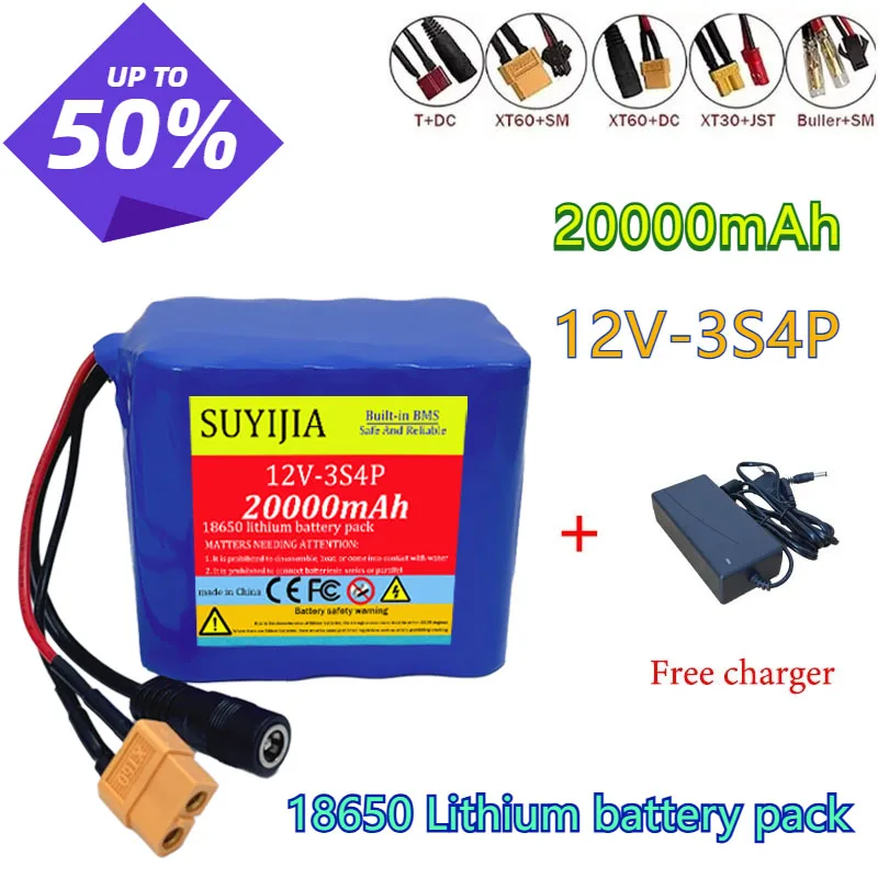

12v 3S4P 20Ah Fishing Battery Portable 12V Battery Rechargeable Lithium Ion Battery Pack Capacity DC 12.6v Cam Monitor+Charger