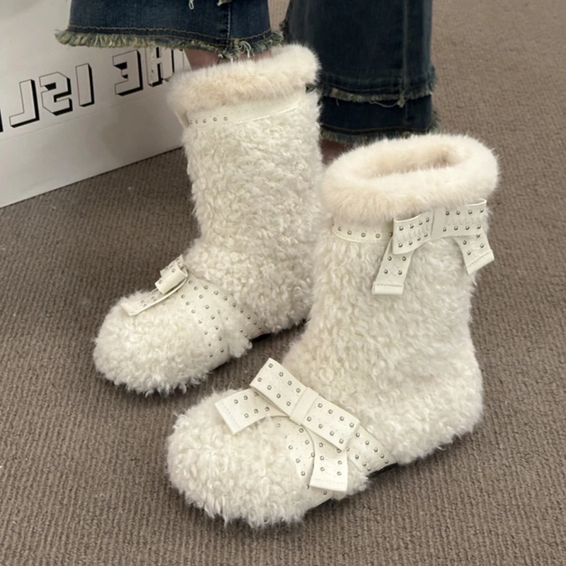 الفراء الشقق المرأة حذاء من الجلد الدافئة قصيرة أفخم الثلوج الأحذية موضة أحذية الشتاء 2025 أحذية قطنية الراحة غير رسمية Mujer De Botas #1