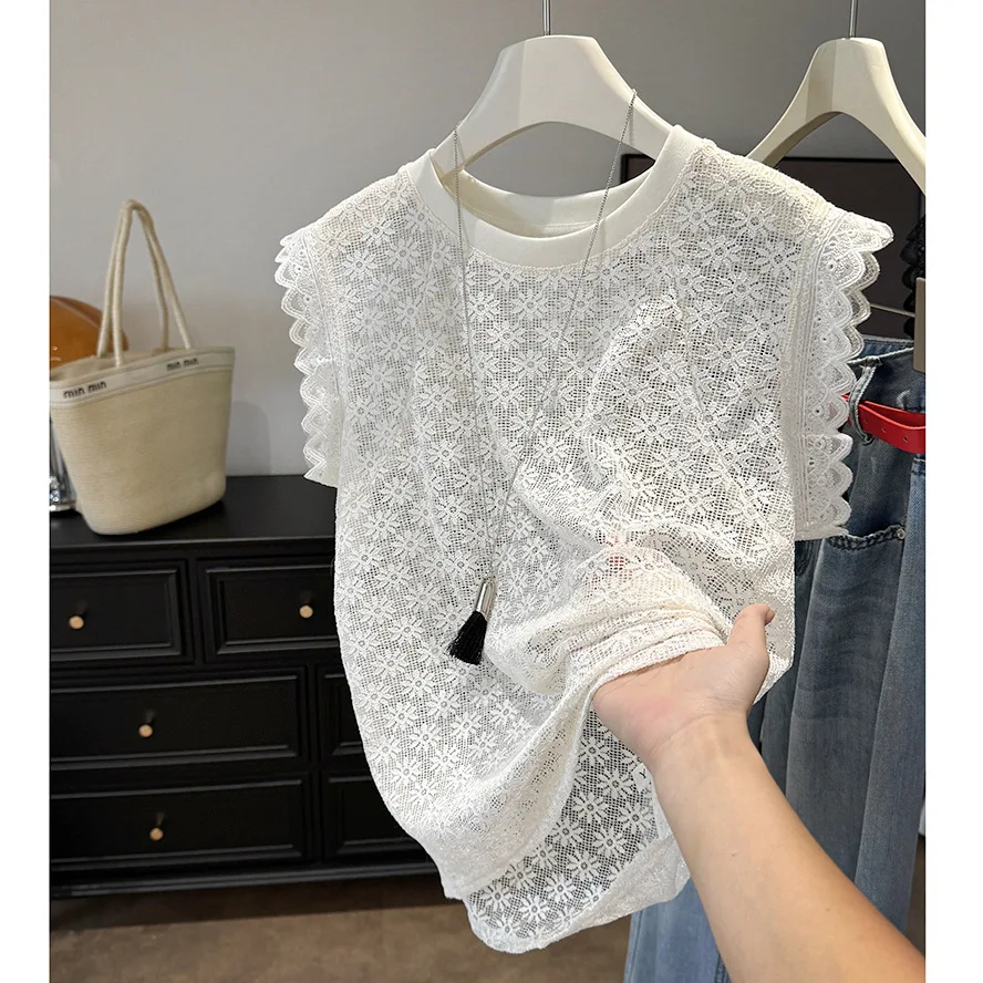 

Hollow Out Lace Top Suspender Vest Women's Summer 2025 New Women See Through White Sleeveless Blouse Shirt