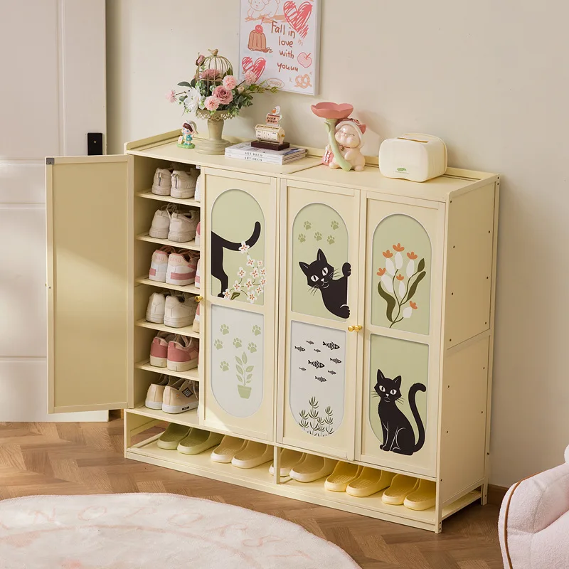 #Modern cream style bamboo and wood shoe cabinet, multi-layer dust-proof shoe cabinet