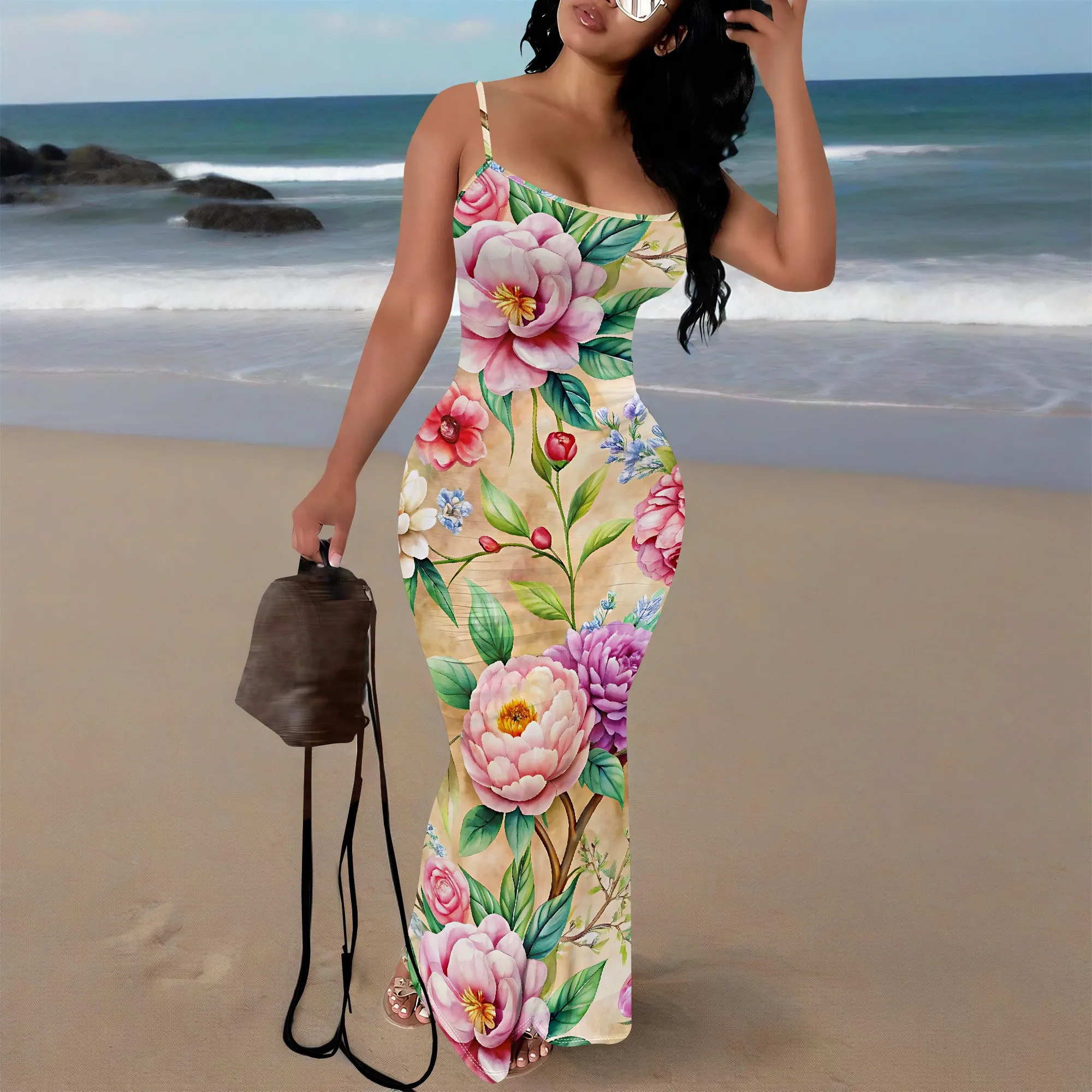 

2025 Summer New Women's Spaghetti Strap Bodycon Maxi Dress Floral Print Elegant Cocktail Dress Party Beach Dress XS-3XL