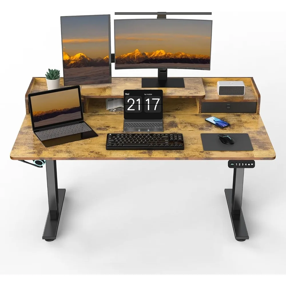 

Электрический стоячий стол 55 × 30 дюймов с 2 ящиками, регулируемый по высоте, расширенный стол с полкой для хранения, эргоном от сидения и стоячи