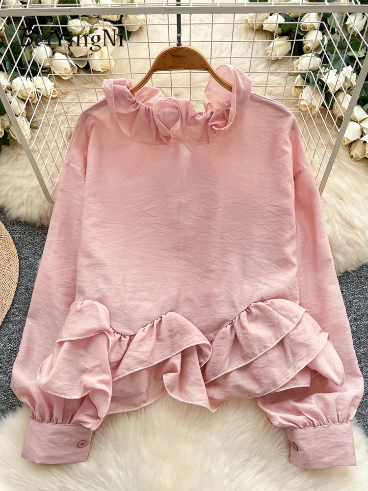 Beiyingni Camicette da donna coreane di moda Chic manica lunga con lacci Top femminile Albero commestibile Fungo Casual Increspature irregolari Blusas