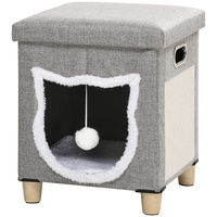 2 in 1 Cat Cave Bed Indoor Footrest Cat House with Removable Cushion Hanging Ball and Scratch Pad 35.5x35.5x42.5 Cm Gray