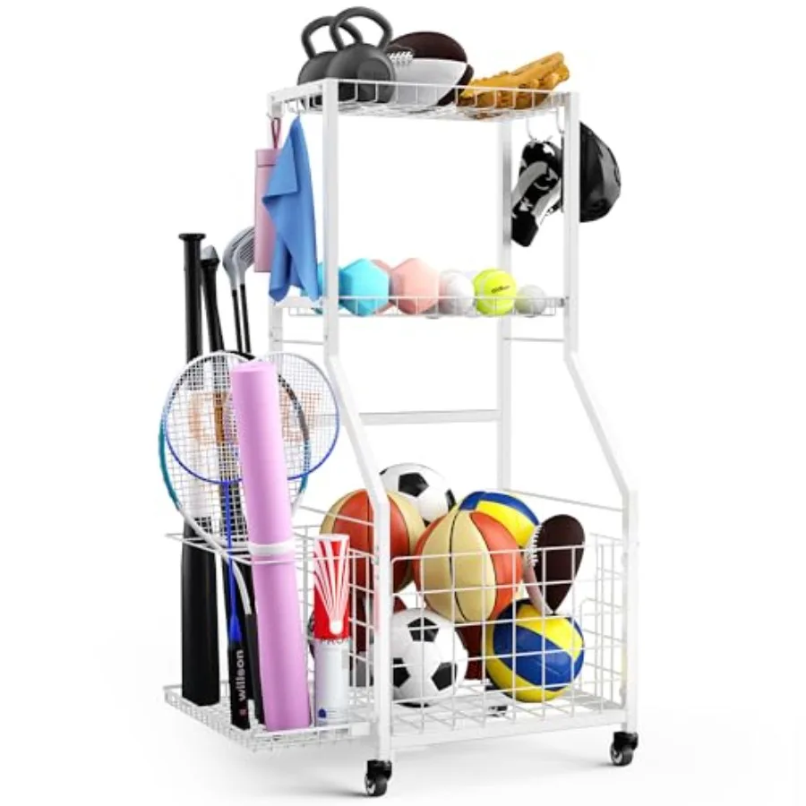 

Sports Equipment Garage Organizer, Garage Ball Storage Rack with Wheels-Upgraded 3 Layers Sport Toy Organizer Rack Outdoor Bask