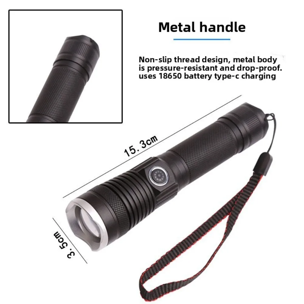 Linterna con zoom P50 de alta potencia, superbrillante, recargable tipo C con batería de larga duración para acampar y pescar al aire libre
