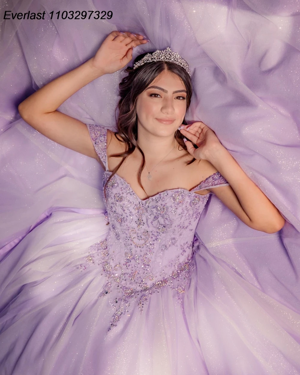 EVLAST Sparkly lavanda lilla abito Quinceanera abito da ballo Applique con perline corsetto con spalle scoperte dolce 16 Vestido De 15 Anos TQD951