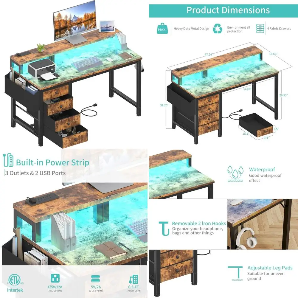 LED-Illuminated 47 Reversible Gaming Desk with Power Outlets and Fabric Drawers, Rustic Brown Home Office Desk with Monitor Stan