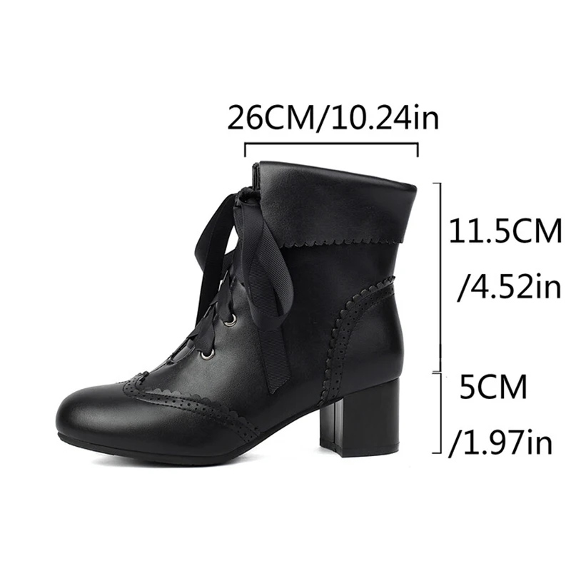 ORCHALISA Women Ankle Boots Cutout 5cm Sqaure Heel Flat Lace Up Big Size 31 32 33 40 41 42 43 45 US14 Party Ankle Booties Autumn