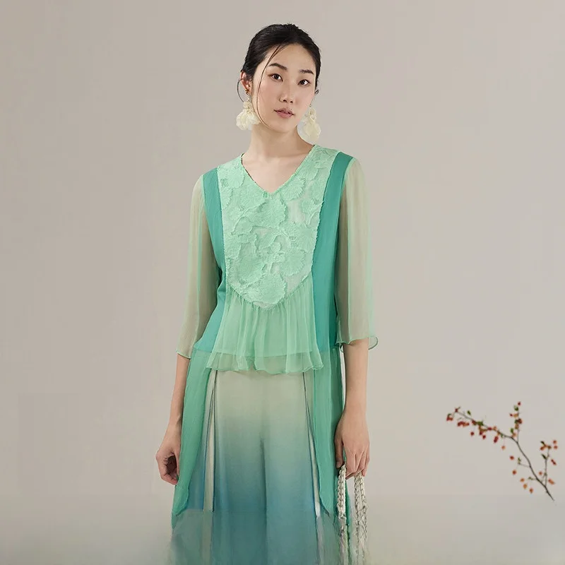 

Шелковая блузка Ele V-Ne с кружевной отделкой и лоскутным дизайном, утягивающая фигуру, для женщин, осенняя новинка, укороченная, стандартный крой рукавов