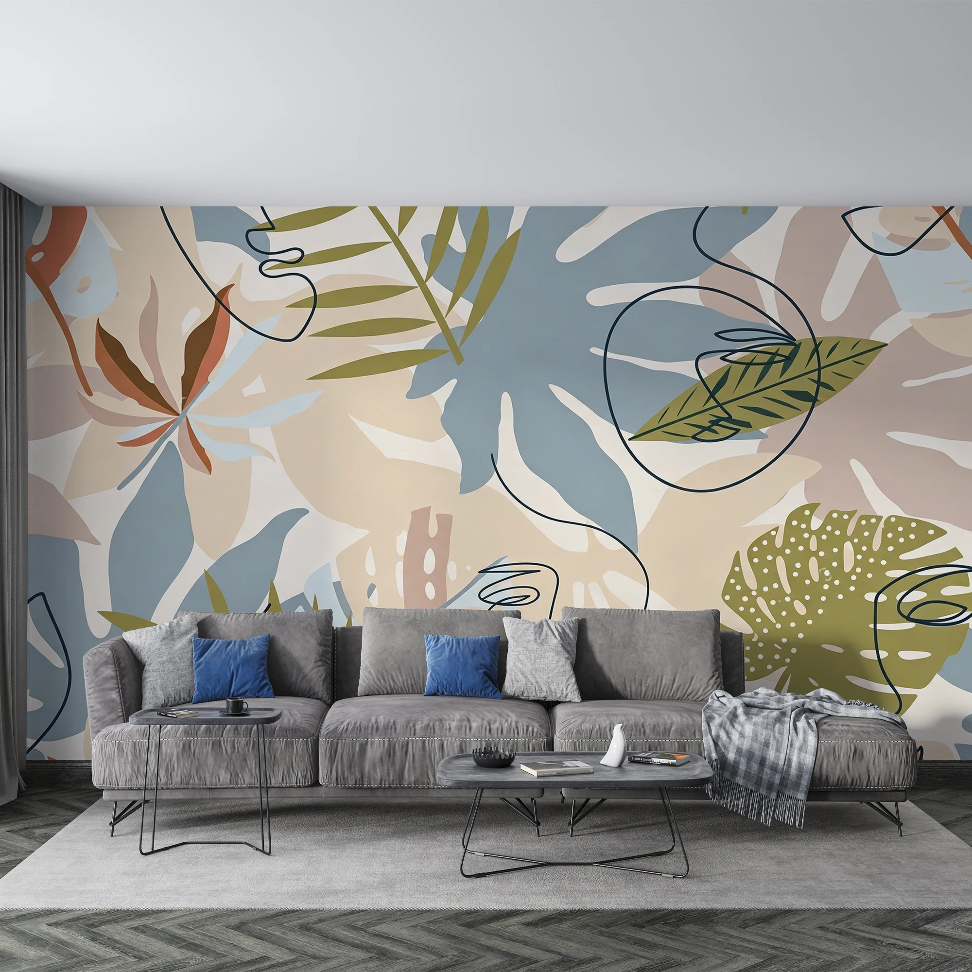 Milofi Custom Mural Wallpaper Abstract Line Art Face Tropical Monstera Leaf Boho Living Room Bedroom Wall Decor Papel De Parede