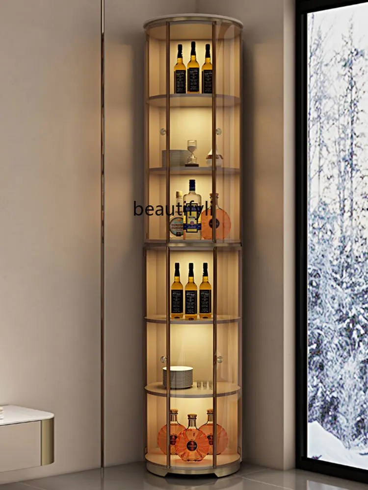 Simple Glass Door round Tall Wine Cabinet Light Luxury Italian Solid Wood Storage All-in-One Cabinet Living Room Modern