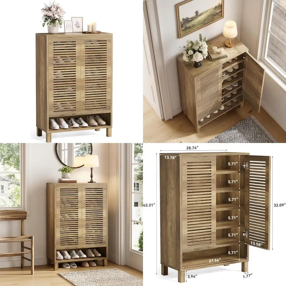 

Space-Saving Wooden Shoe Cabinet with 6 Shelves, Farmhouse Style Entryway Organizer, Natural Finish