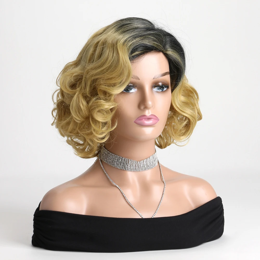 女性用の天然合成かつら,耐熱ヘアピース,短い黒と金のグラデーション,毎日の使用,フェスティバルボール,ハロウィーン,12インチ