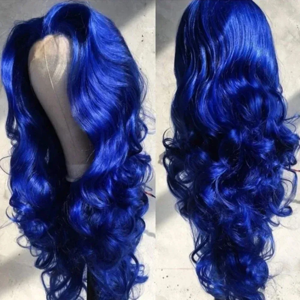

24-дюймовый синий парик фронта шнурка, предварительно сорванный длинный объемный парик 13x4 HD, бесклеевые синтетические парики фронта шнурка для женщин