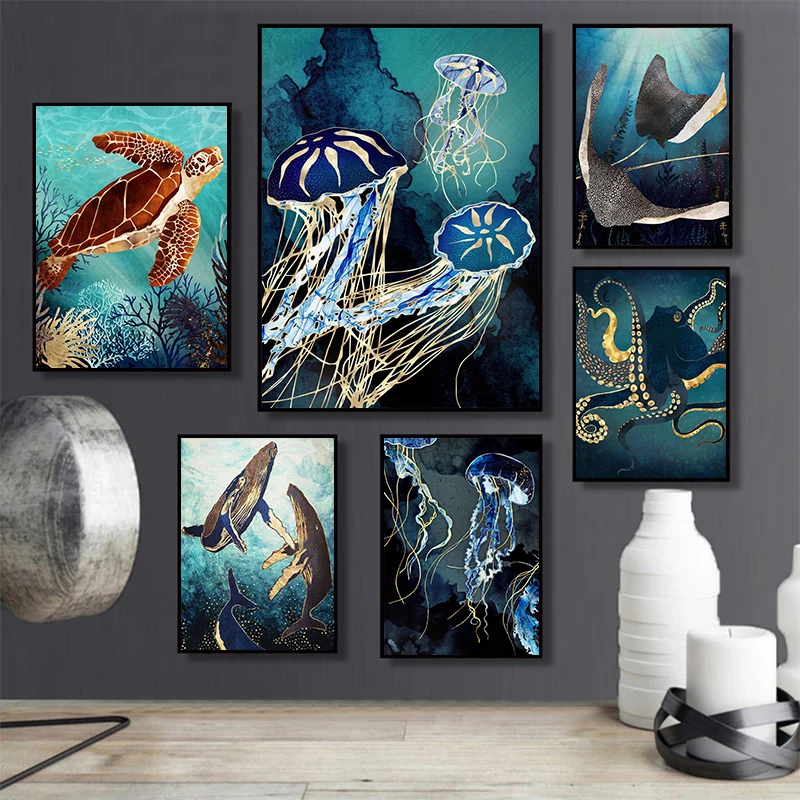 Abstract Ocean Animals Posters Metallic Marine Life Whale Jellyfish Octopus Stingray Canvas Painting Wall Art Picture Home Decor