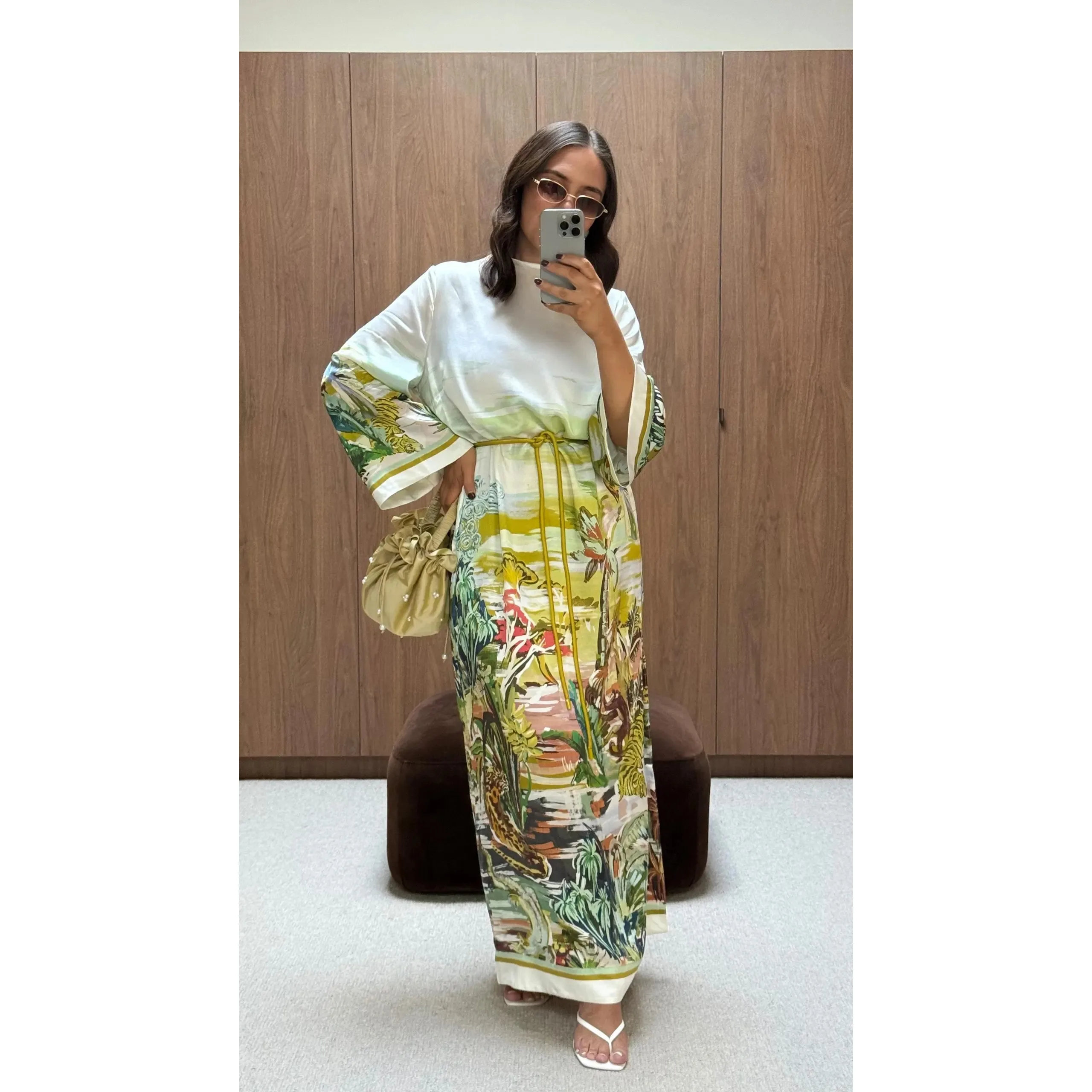 Damen Bedrucktes Maxikleid mit Seitenschlitz und Langen Ärmeln aus 100% Seide