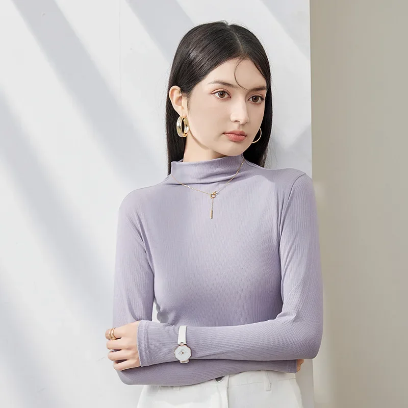 2025 New Autumn Women Clothing Thin Semi-turtleneck Warm Bottoming Shirt Slim Versatile Solid Color Pullover T-shirt Tops