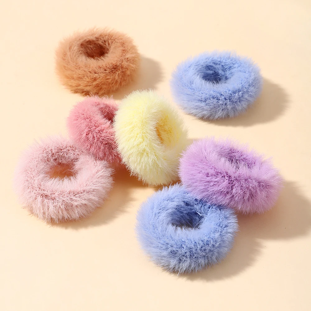 5pcs/bag Girls Mini Colorful Plush Hair Ring Fat Intestine Ring Baby Cute Hairy Head Rope Furry Rubber Band Hair Accessories