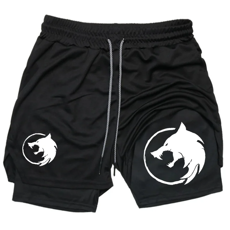Men's Double-deck Shorts Gothic Wolf Print Shorts Summer Quick Drying Sports Fitness 2 in1 Joggers Beach Short