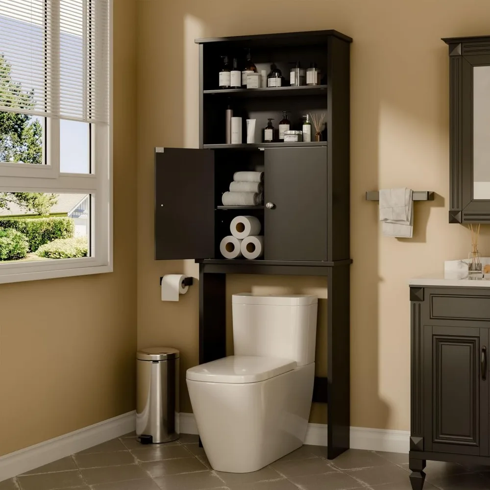 

Over The Toilet Storage Cabinet, Bathroom Organizer with Open Shelves and Double Doors, Space Saving Toilet Storage
