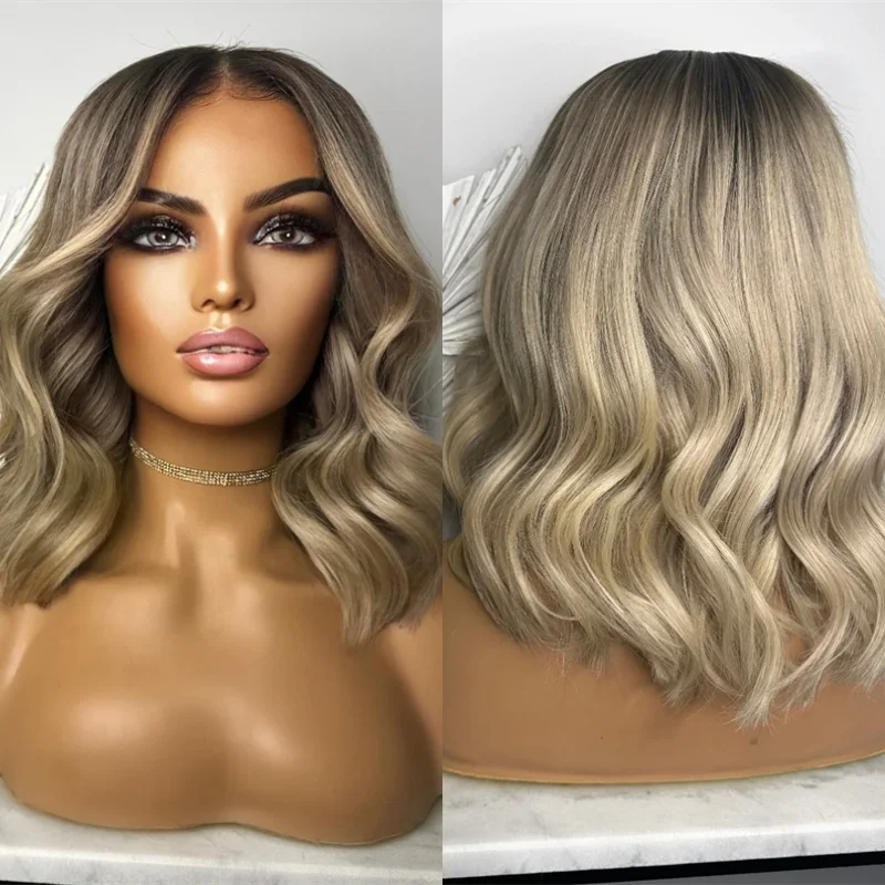 Party Wig Ombre Ash Blonde Highlight Wig Balayage Beginner Friendly Short Wave Bob Synthetic HD Lace Front Wig Party Daily Wigs