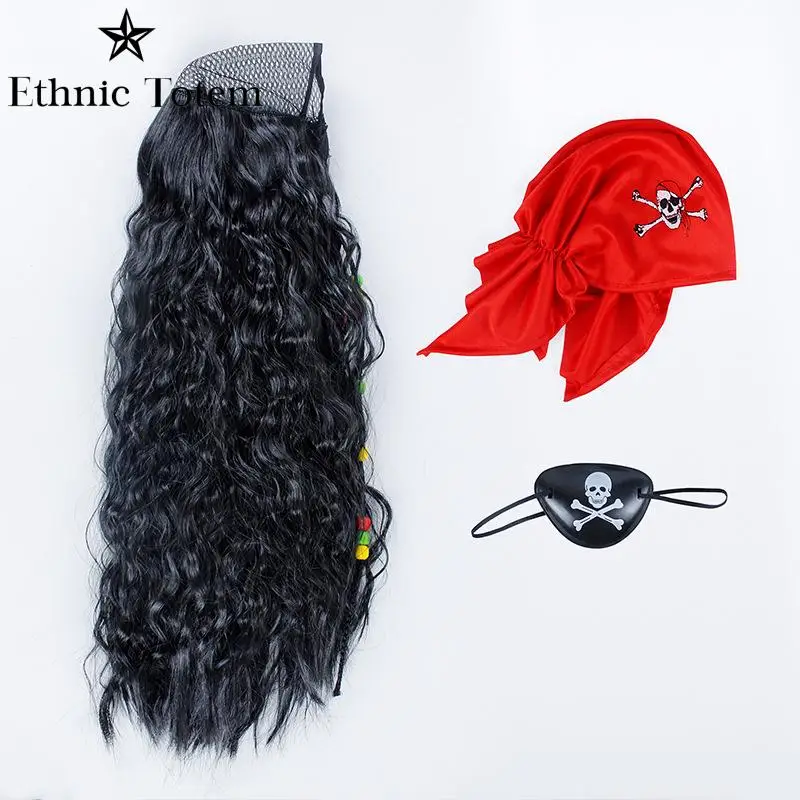 Peruca de capitão pirata marrom para adulto, Jack Sparrow Chapéus de couro falso com cabelo, Halloween Cosplay Costume, acessórios