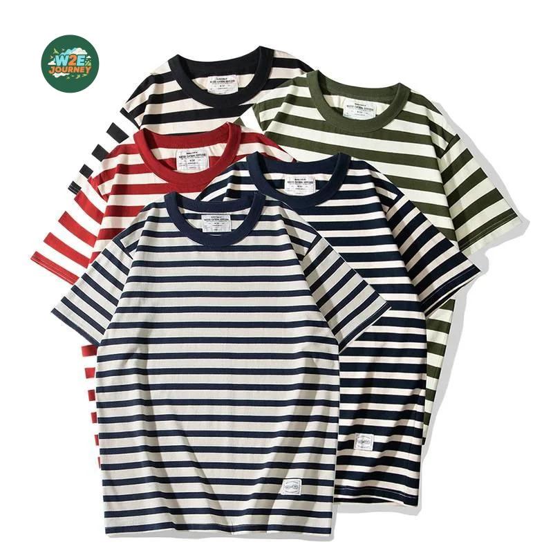 W2EJOURNEY قسط جودة الاتحاد الأوروبي الولايات المتحدة حجم 230 جرام الوزن الثقيل سميكة الجولة الرقبة تي شيرت خمر العمل الرجعية مخطط تي شيرتات قصيرة الاكمام #1