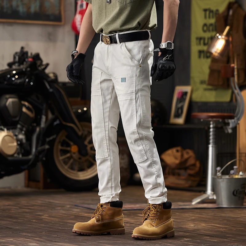 Calça apertada de tornozelo justa masculina, jeans branco para costura de motocicleta, elástico de alta qualidade, moda coreana