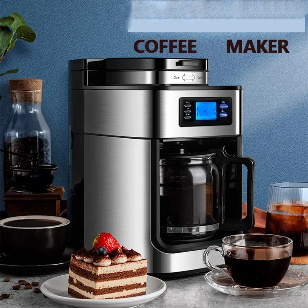 2 In1 Coffee Maker Kitchen Automatic Coffee Machines Drip LED-Display Electric Bean Grinder Keep Warm Home Appliance