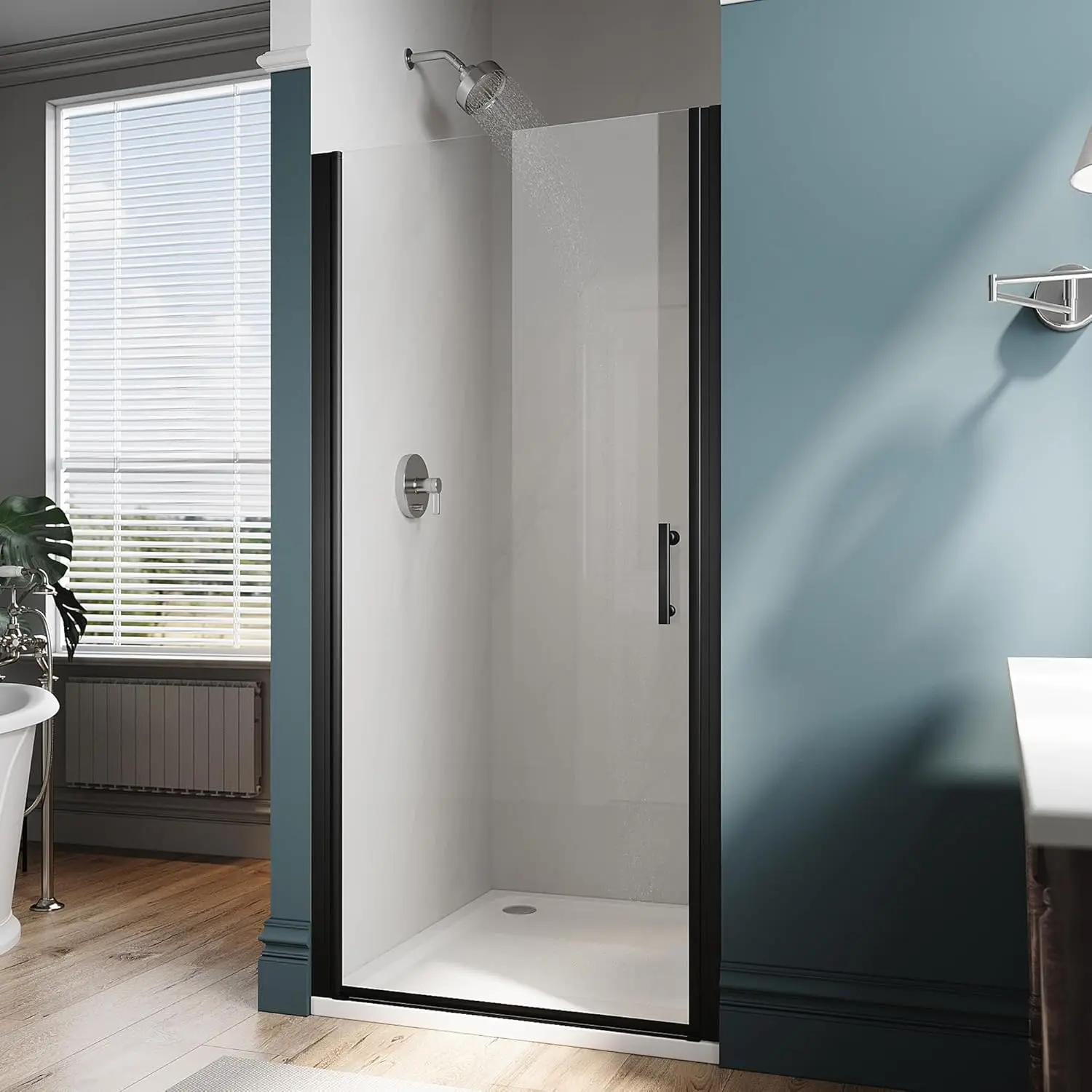 Elegant Pivot Shower Door 30x72 Inches, Semi-Frameless with Clear Tempered Glass Panel in Matte Black Finish