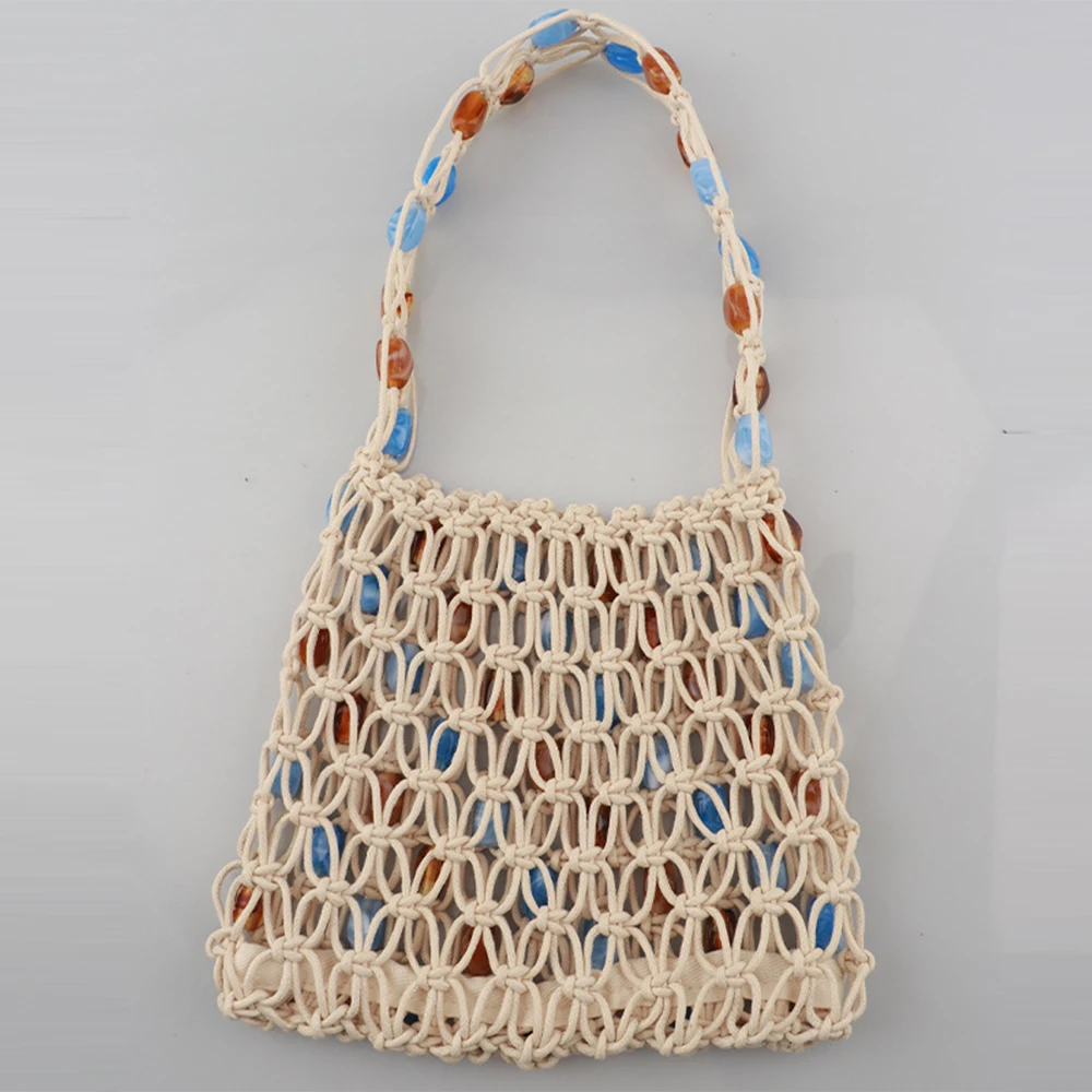 Bohemian Color Beading Shoulder Bag Rope Knitting Mesh Bags for Women Designer Handbags Handmade Woven Beach Bag NEW Hollow Flap