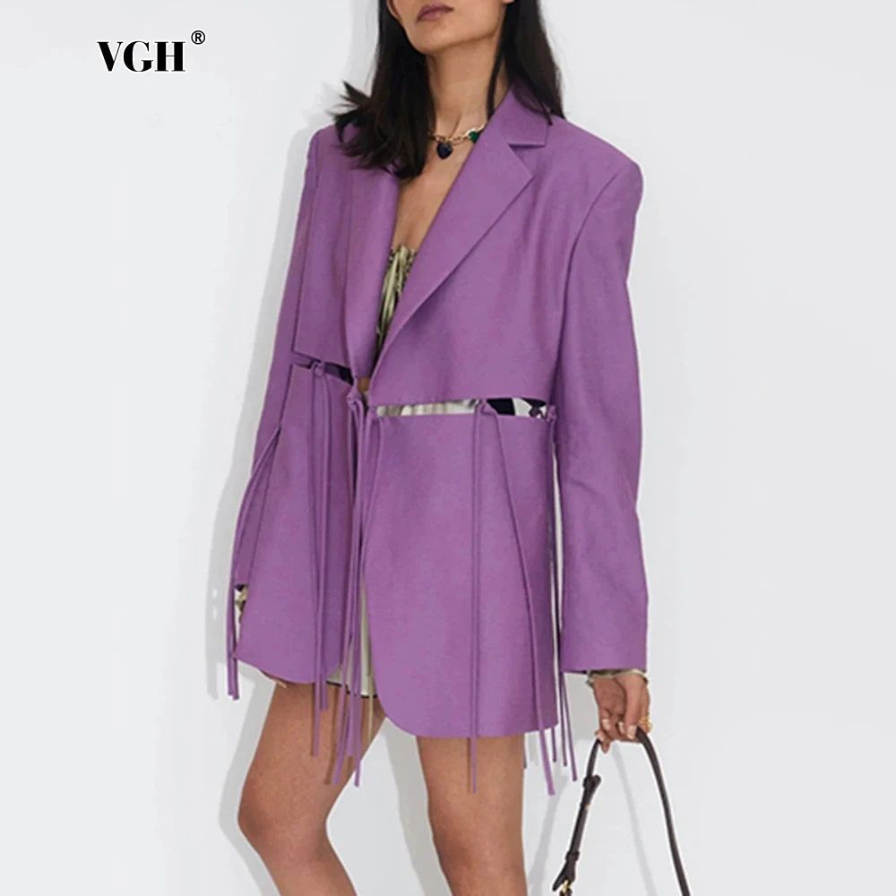 

VGH Solid Spliced Lace Up Chic Design Sense Blazers For Women Notched Collar Long Sleeve Hollow Out Coats Female Fashion Style