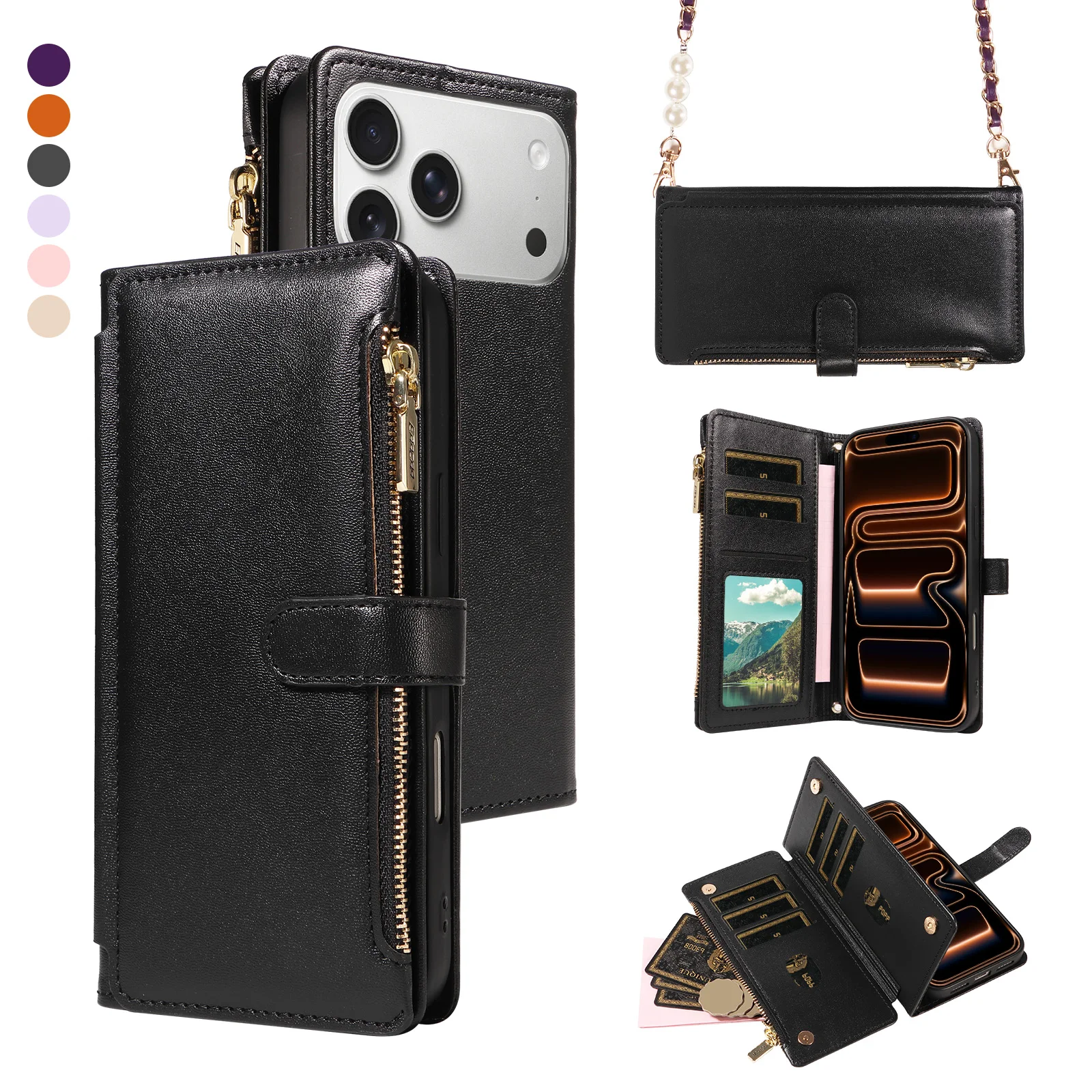 Kunstleder-Handyhülle für iPhone 17E 16 15 14 13 12 11 Pro Max Plus Mini Air – Modische Umhängetasche mit Magnetverschluss und Kartenfächern, kratzfest
