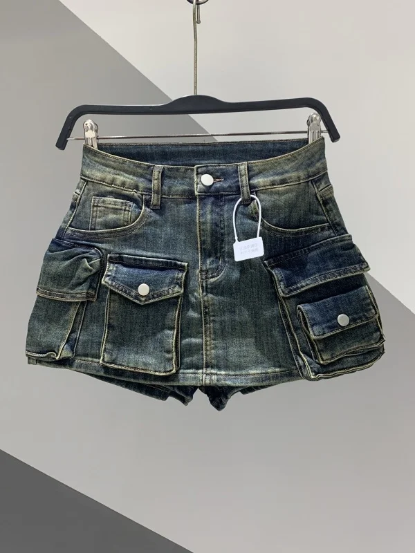 Rustic Distred Denim Wide Leg ort Pants High Waist Loose Fit Casual Sle Women's Autumn 2025 New Arrival A-Line  Skirt