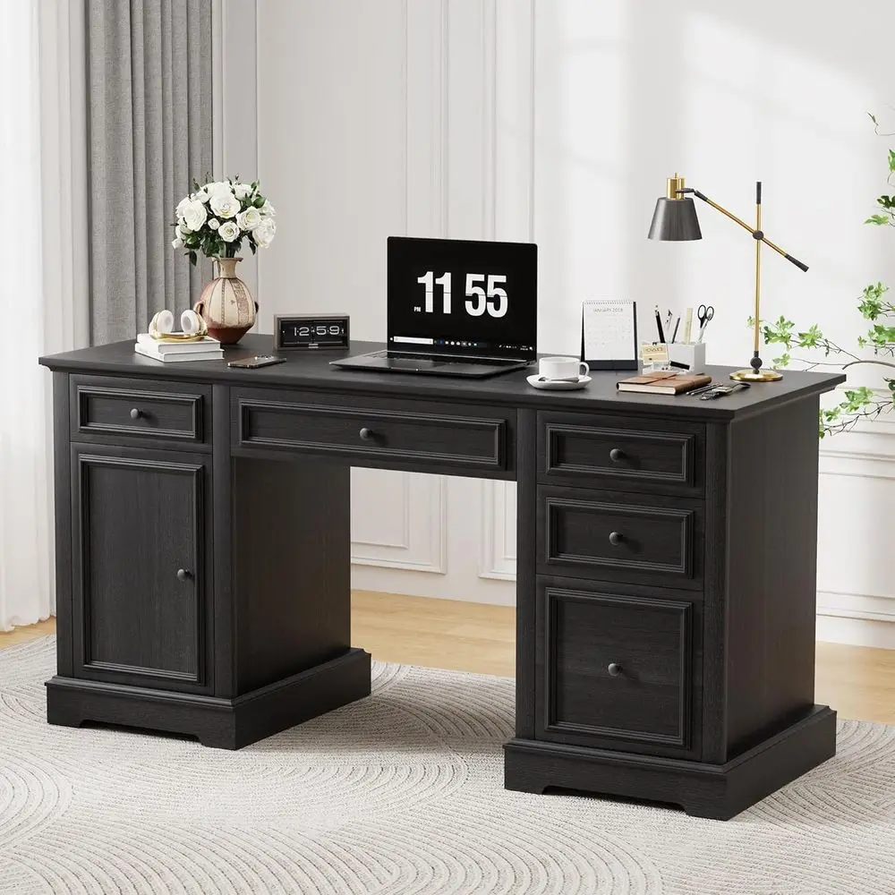

8. Высококачественный офисный стол с ящиками и картотечным шкафом, текстурированная отделка, идеально подходит для дома или рабочего пространства, черный.