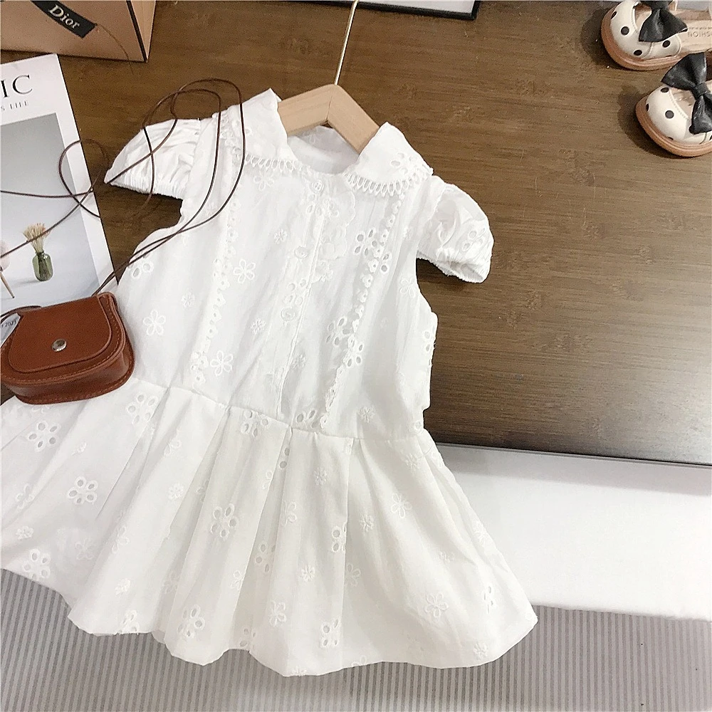 New Korean Style Girls Dress, Beautiful White Puff Sleeve Princess Dress, Unique Summer Outfit for Kids for 90-140cm